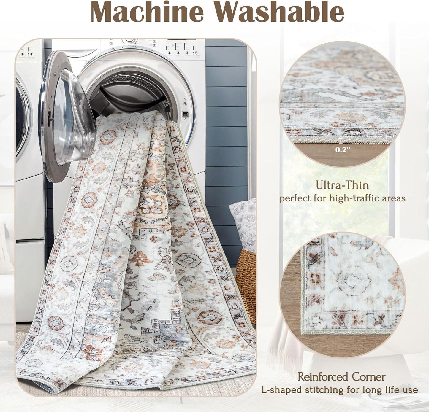 6x9 Area Rug for Living Room - Large Oriental Washable Rugs for Bedroom Non-Slip Tan Cream Stain Resistant Dining Room Rug Farmhouse Low-Pile Carpet Soft Vintage Rug for Office Guest Room