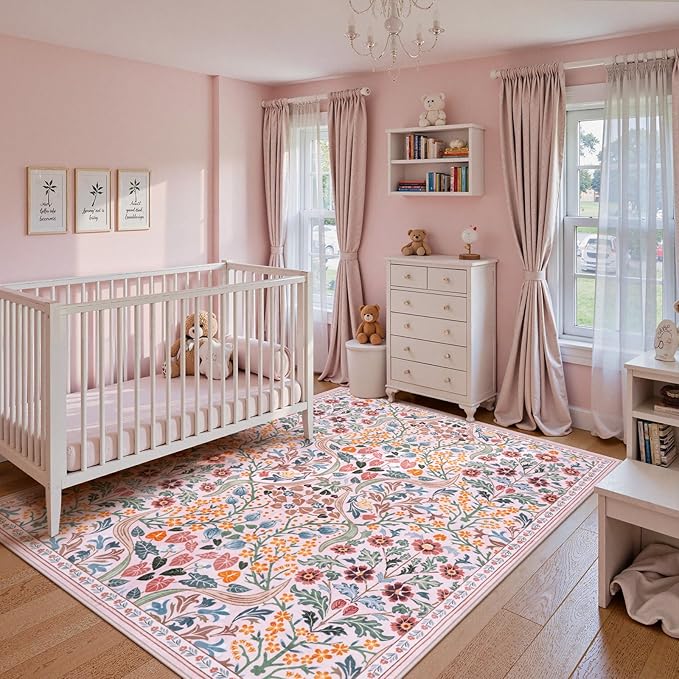 Lahome Floral Pink Boho Rugs for Classroom, 8x10 Flower Washable Rug for Bedroom Girls, Non Slip Botanical Carpet for Living Room Nursery Kids Room, Large Soft Non Shedding Easy to Clean Carpets