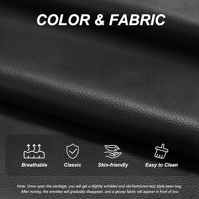 Hobestluk Giant Bean Bag Chair Lazy Floor Sofa, Memory Foam Fireside Sofa for Adults, Big Beanbag Faux Leather Armless Chair for Living Room Bedroom Dorm Office (Black, Single)