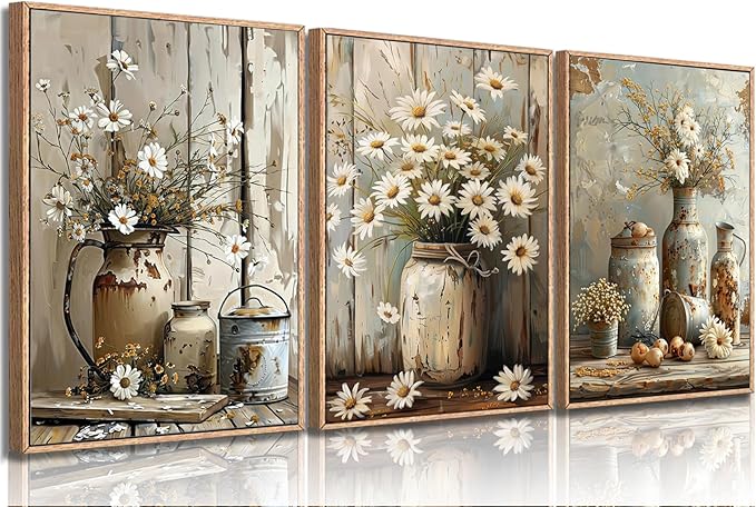 Rustic Farmhouse Daisy Flower Canvas wall art Vintage Country Floral Poster Print Artwork Modern Still Life Nature Botanical Wall Decor for Bedroom, Living Room Bathroom Scene Furniture Decoration