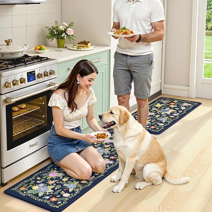 KIMODE Anti Fatigue Kitchen Mats for Floor, Farmhouse Rugs for Kitchen Floor, Cushioned Kitchen Floor Mat Non Slip, Comfort Standing Mat for Laundry Office Sink Desk Blue 17"x47"+17"x29"