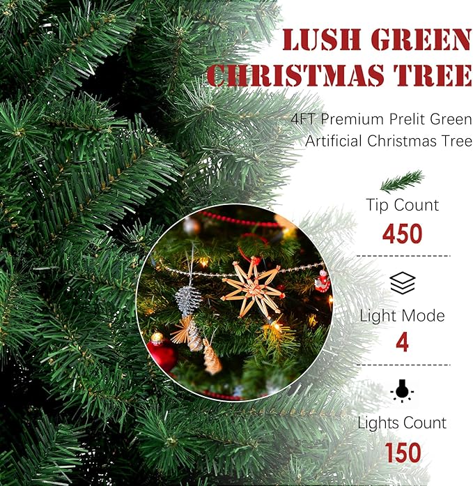 4FT Pre-Lit Green Christmas Tree, Small Artificial Holiday Fir Xmas Tree with 450 PVC Branch Tips, 150 Warm Lights, Foldable Base for Home, Party Decoration