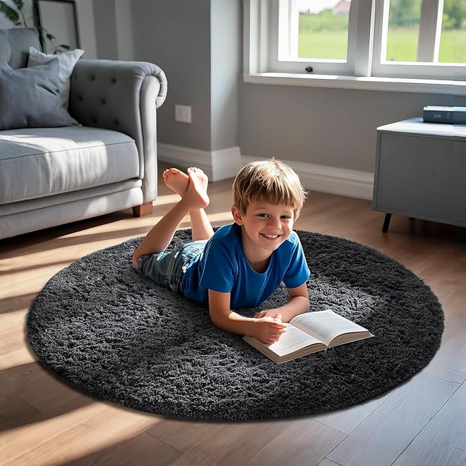 Ophanie Round Rug 4Ft Black Circle Area Rug, Room Decor for Men, Fluffy Fuzzy Bedroom Carpet, Plush Soft Shaggy Living Room Rugs for Kids Home Decor Aesthetic, Nursery