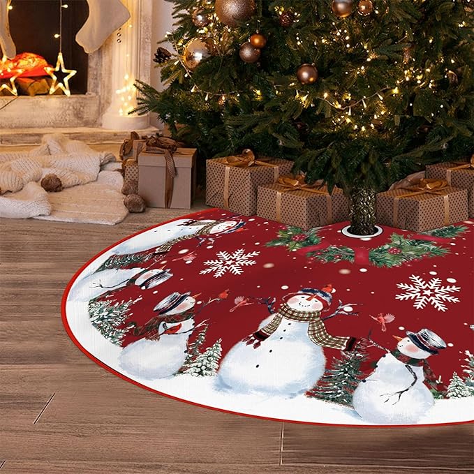 Snowman Christmas Tree Skirt 48 Inches, Red Backgrond Snowflake Pencil Tree Skirt, Winter Xmas Tree Mat Decorations for Home Party Holiday Decorations