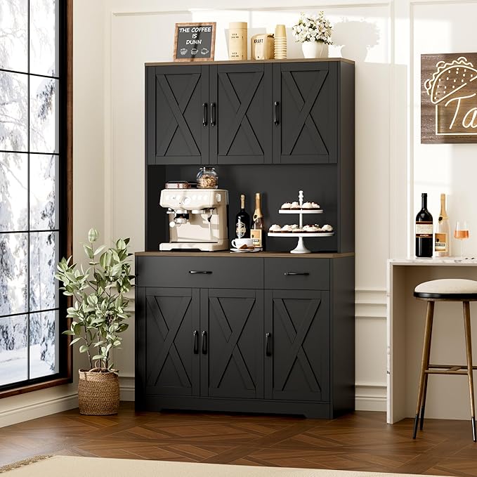 HOSTACK 71" Pantry Cabinet with Charging Station, Tall Kitchen Pantry Storage Cabinet with Microwave Stand, Farmhouse Kitchen Hutch with Storage Drawers for Living Room, Dining Room, Black