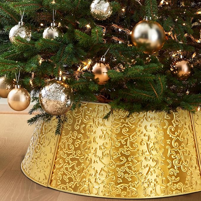 Metal Christmas Tree Collar, 23’’ D Christmas Decorative Base Cover for Christmas Tree, Tree Skirt, Tree Ring-Golden
