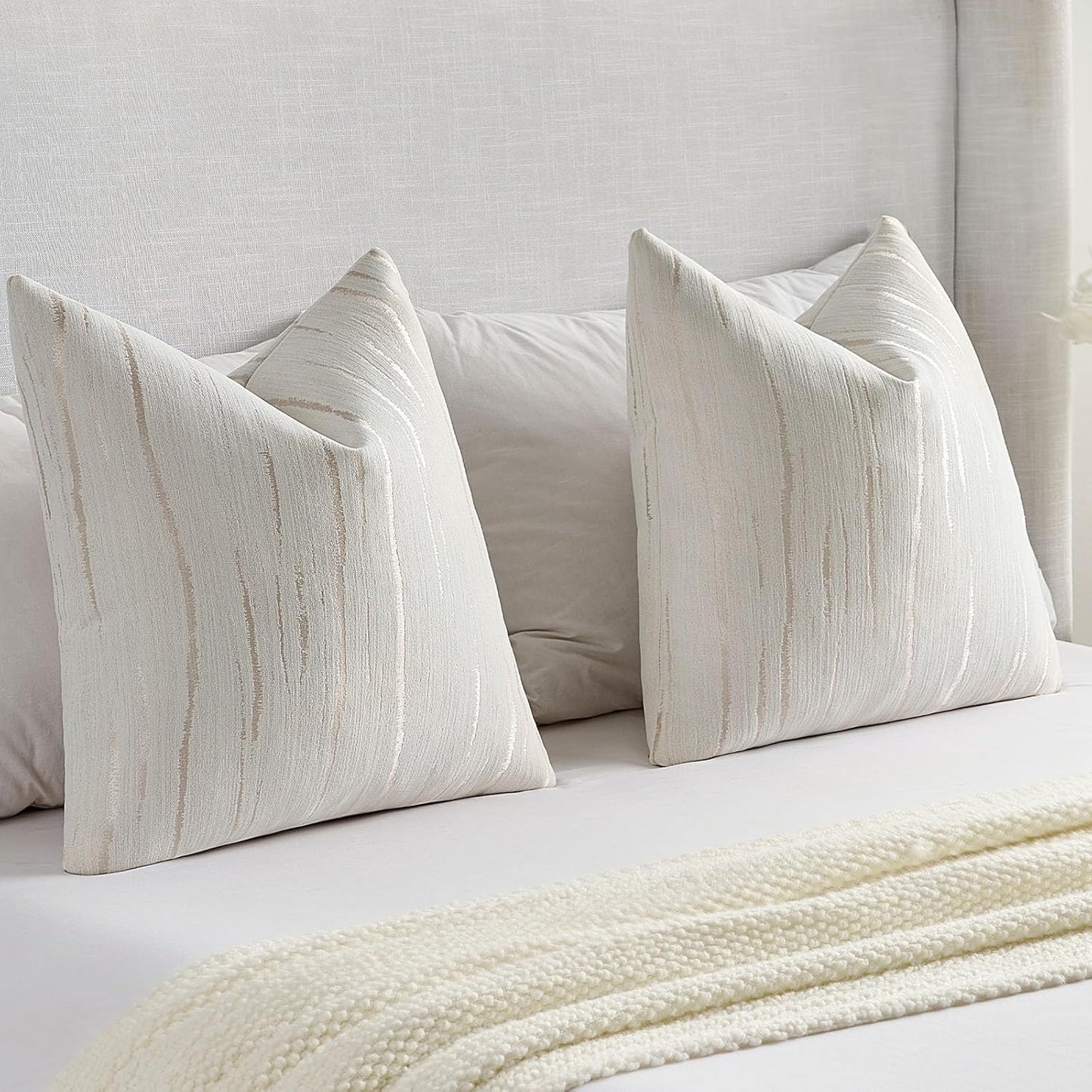 FUTEI Cream Chenille Decorative Throw Pillow Covers 20x20 Inch Set of 2,Soft Embossed Striped Textured Cushion Case,Modern Home Decor for Couch Bed Living Room