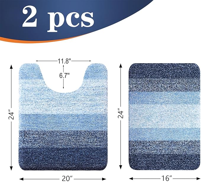 OLANLY Bathroom Rug Set 2 Piece, Soft Absorbent Microfiber Bath Mats and U-Shaped Contour Toilet Rug, Non-Slip, Machine Wash Dry, Plush Shaggy Bath Mats for Bathroom (24"x16"+24"x20", Navy)