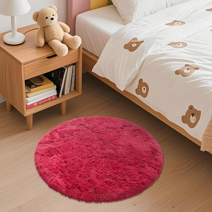OLANLY Red Round Rugs for Bedroom - Machine Washable, 2 ft Circle Area Rugs for Living Room, Soft and Fluffy Shaggy Carpet for Teen Girls and Boys, Nursery Rooms, Dorms, Home Decor Aesthetic