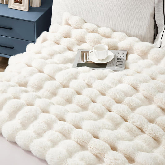 JONIYEAR Soft Fuzzy Oversized Bubble Faux Rabbit Fur Throw Blanket 60" x 70", Reversible Thick Warm Fluffy Blanket for Winter, Luxury Cozy Puffy Shaggy Furry Blankets for Bed, Twin Size, Cream White