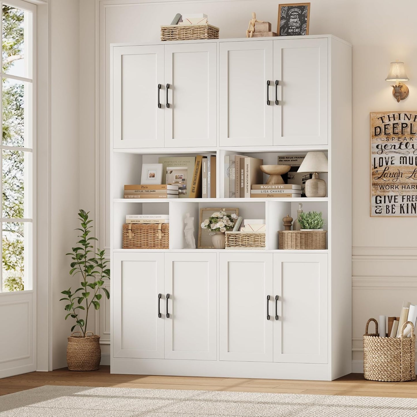 HORSTORS 71" Tall Storage Cabinet, Large Kitchen Cabinet with Deep Shelves and Doors, 47" Freestanding Display Shelf with Storage for Home Office, Living Room, White