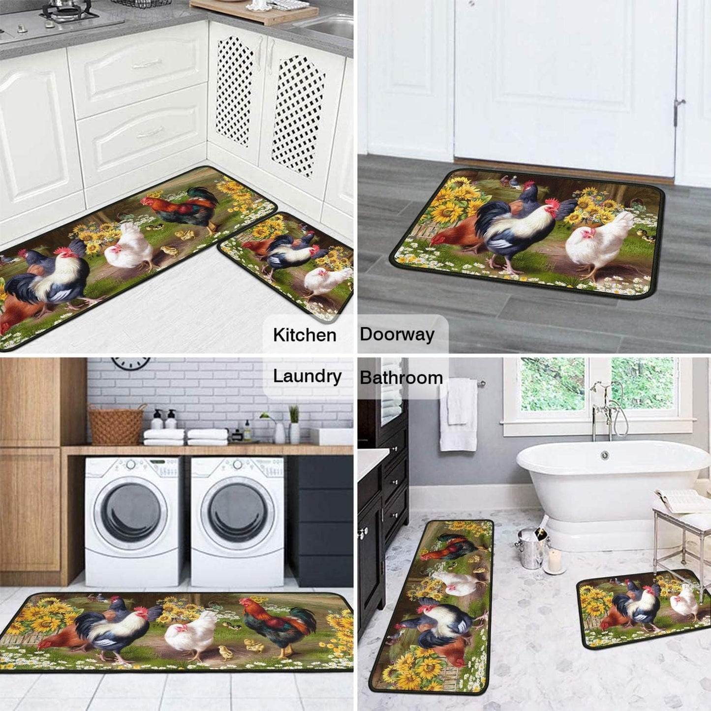 Rooster Kitchen Rug 2 Piece Set Sunflower Decor Kitchen Floor Mat, Microfiber Washable Runner Rugs, Farmhouse Chicken Decorations Kitchen Mats,17"x47"+17"x30"