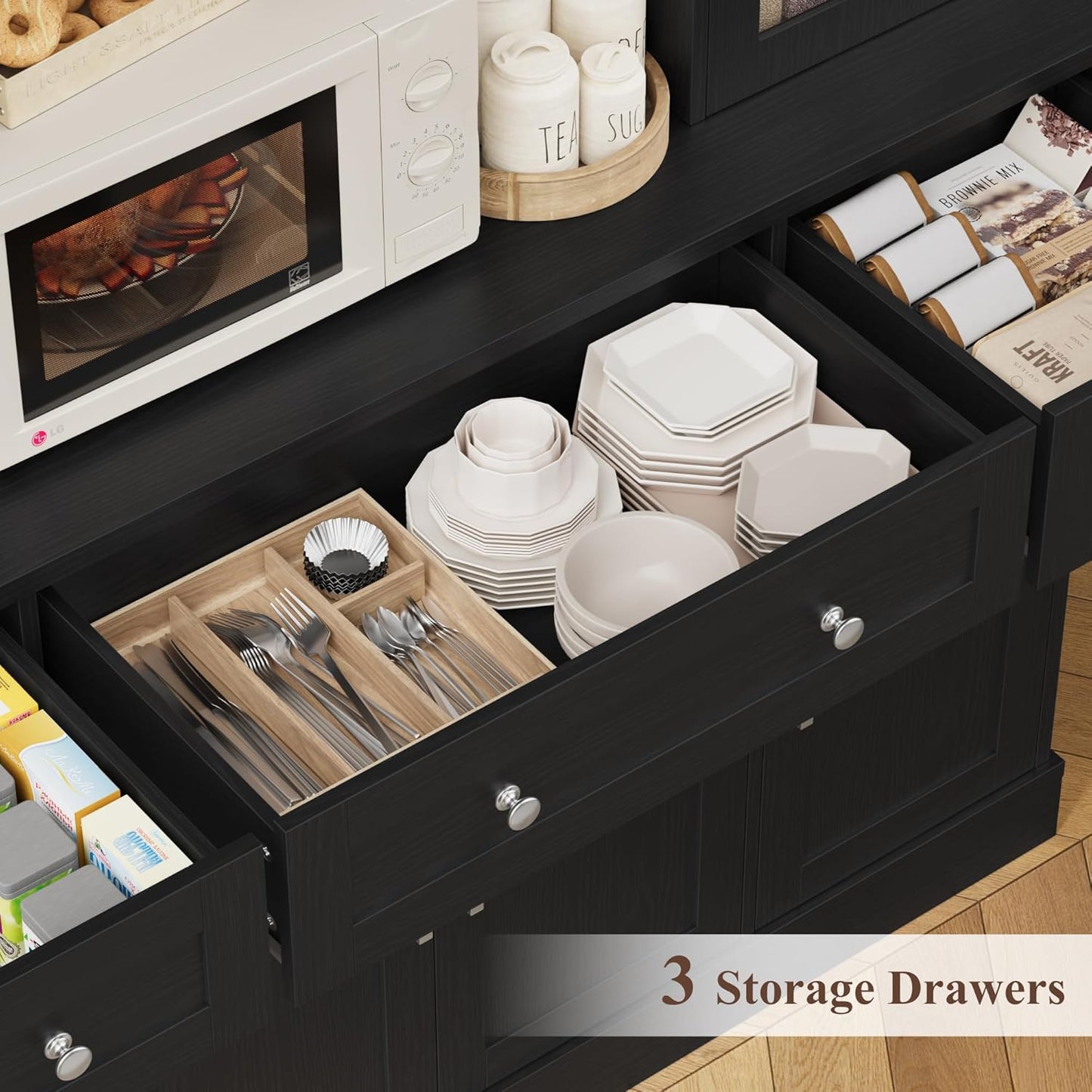 Keyluv 74.8" H Tall Pantry Cabinet with Microwave Stand and 3 Drawers, Large Kitchen Hutch Storage Cabinet with Glass Door and Adjustable Shelves for Kitchen, Dining Room, Living Room, Black