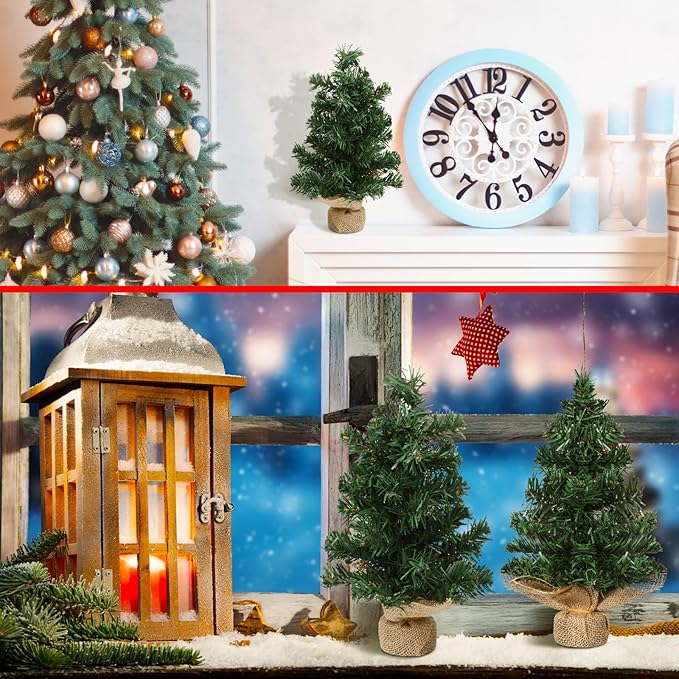 Yinder Tabletop 2 Pcs Mini Christmas Tree 7.87 Inch Artificial Mini Xmas Miniature Pine Christmas Tree with Linen Base for Xmas Holiday Decorations Indoor Home Kitchen Dining Table
