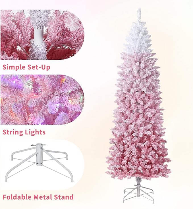 GarveeHome 6ft Snow Flocked Pencil Christmas Tree, Slim Artificial Christmas Tree with Sturdy Metal Stand, Skinny Xmas Tree Holiday Decoration for Home, Office, Pink Gradient