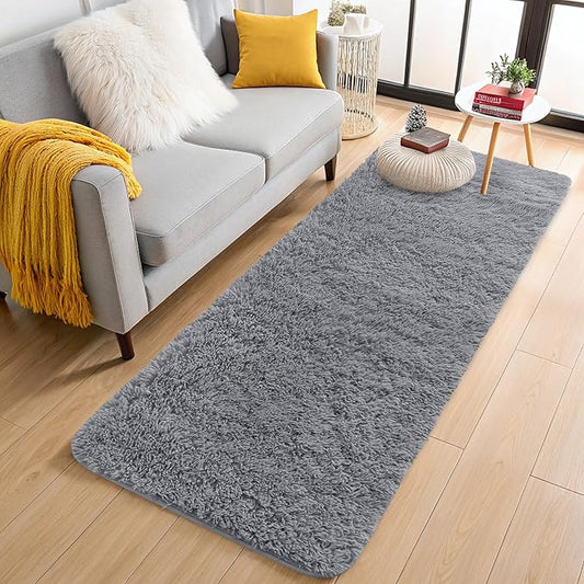 OLANLY 2x8 Machine Washable Runner Rugs for Hallway, Soft Fluffy Shaggy Bedside Rugs for Bedroom, Living Room, Indoor Floor Carpet for Kids Girls Boys, Nursery Rooms, Home Decor Aesthetic, Light Grey