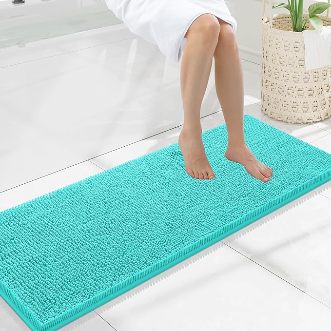 Smiry Luxury Chenille Bathroom Rugs 47x17, Extra Soft and Absorbent Shaggy Bath Mat, Machine Washable, Non-Slip Plush Carpet Runner for Tub, Shower, and Floor, Home Decor Accessories, Turquoise