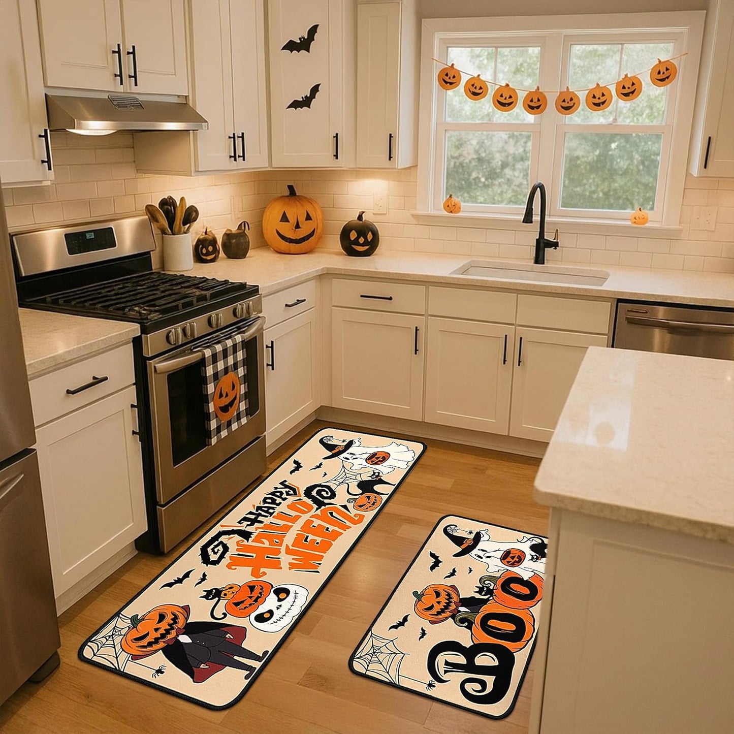 2 Piece Halloween Kitchen Decor Rugs Set,Cute Ghost Kitchen Rugs and Mats Non Skid Washable Absorbent Kitchen Accessories Decoration Floor Mats 17"x47"+17"x30"