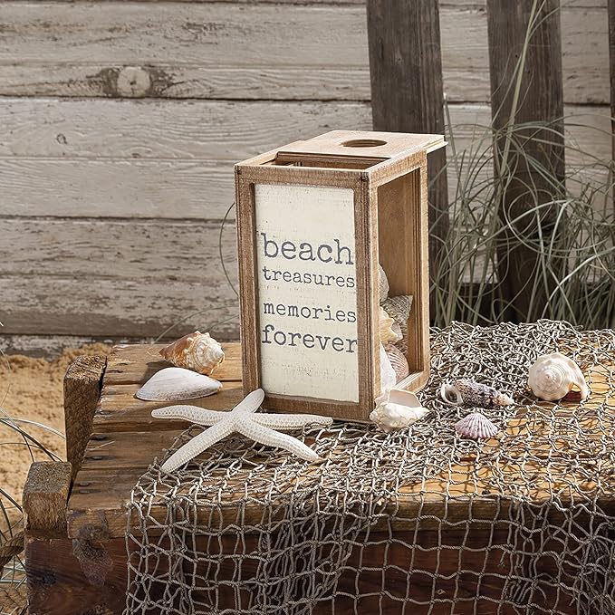Primitives by Kathy Seashell Holder - Coastal Decor, Glass Display, Treasure Chest, Room and Bedroom Decor, Brown Wood