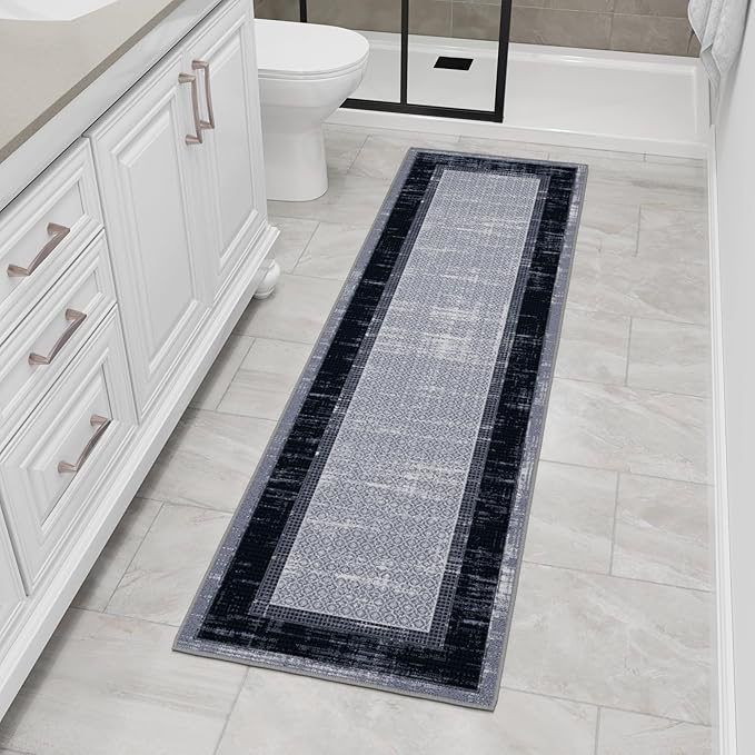 Ottomanson Hallway Runner Rug 1'10" x 7' Non Slip Border Area Rugs Easy to Clean Laundry Rug Runner Durable & Pet Friendly Floor Carpet Runners for Hallways Entryway Living Room Kitchen, Gray/Navy