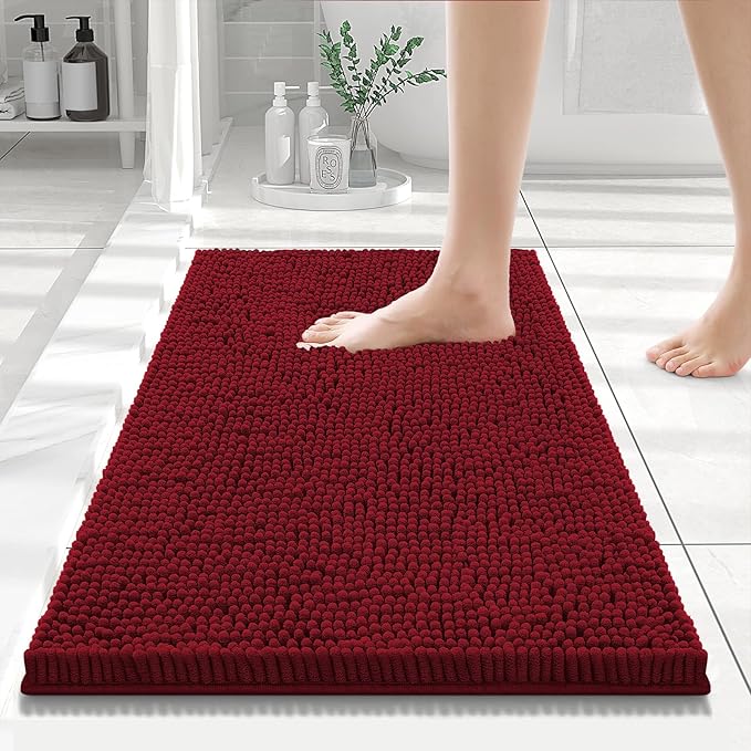 Smiry Luxury Chenille Bathroom Rugs 24x16, Extra Soft and Absorbent Shaggy Bath Mat, Machine Washable, Non-Slip Plush Carpet Runner for Tub, Shower, and Floor, Home Decor Accessories, Red
