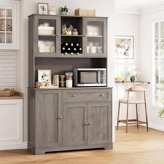 HOSTACK Kitchen Pantry Storage Cabinet with Hutch, Tall Kitchen Hutch with Microwave Stand, Food Pantry Cabinet with Doors and Shelves | Wine Rack for Dining Room, Ash Grey