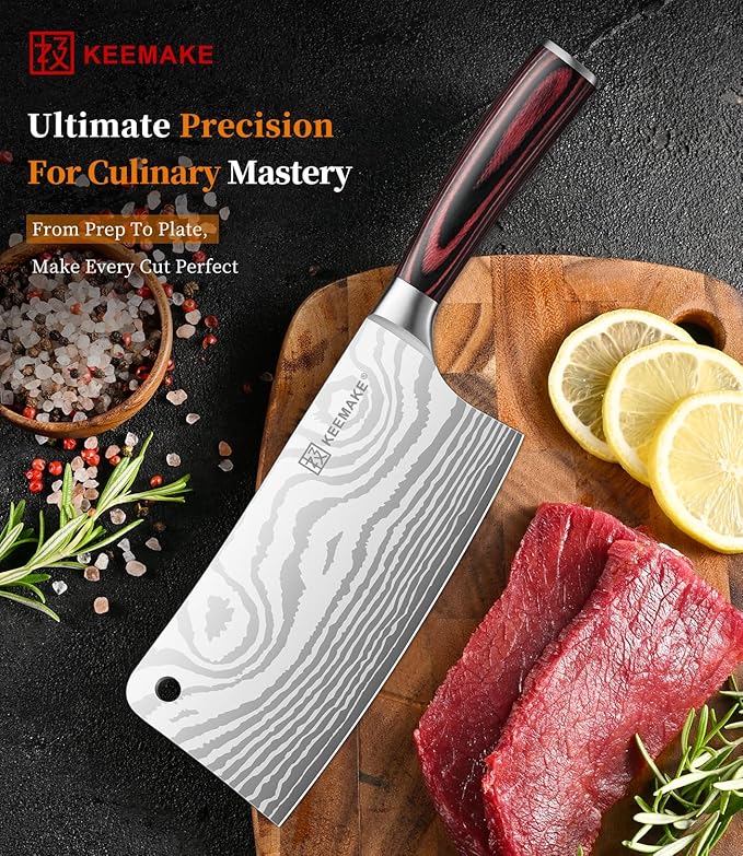 KEEMAKE Meat Cleaver Knife 7-Inch Razor Sharp High Carbon Steel Kitchen Knife, Butcher Knife Perfect for Chopping Meat & Veggies, Pakkawood Handle Ideal for Home & Professional Chefs, W/Sheath