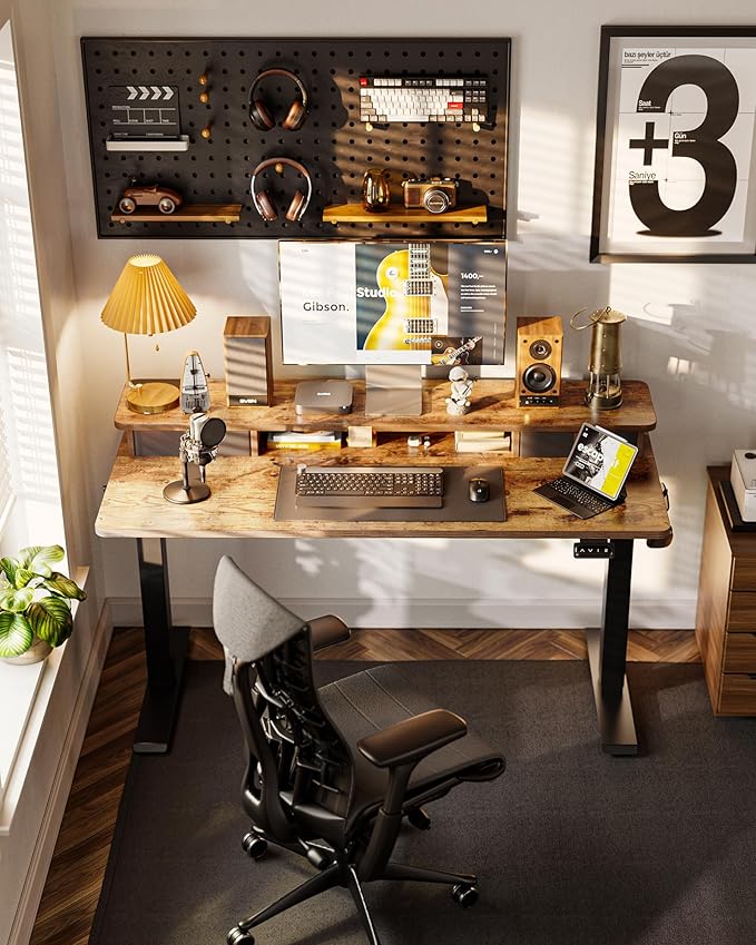 FEZIBO 60 x 24 Inch Height Adjustable Electric Standing Desk with Double Drawer, Computer Desk, Home Office Stand Up Table with 4 Height-Adjustable Feets & 2 Hooks, Rustic Brown