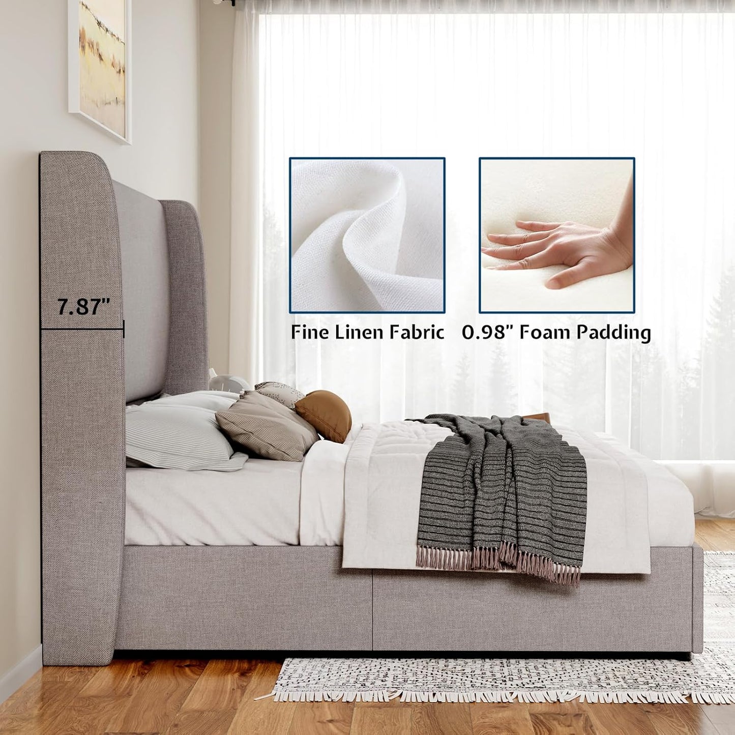 Jocisland Lift Up Storage Bed King Size Linen Upholstered Platform Bed Frame/Hydraulic Storage/Modern Wingback Headboard/No Box Spring Needed/Wood Slats Support/Light Grey