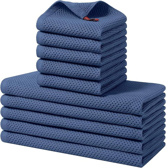 Homaxy 100% Cotton Kitchen Towels and Dishcloths Set, 12 x 12 Inches and 13 x 28 Inches, Set of 10 Bulk Kitchen Towels Set, Ultra Soft Absorbent Dish Cloths for Washing Dishes, Navy Blue