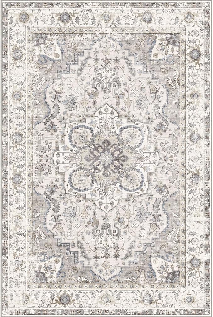 Washable Area Rug 5x7 - Boho Living Room Rug Stain Resistant Soft Bedroom Rug Ultra-Thin Cream Vintage Oriental Farmhouse Dining Room Rugs for Under Table Indoor Carpet for Living Room