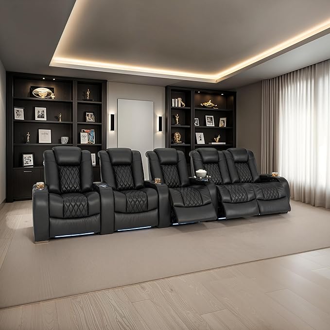 Seatcraft Diamante Zero-Gravity CoolZero Italian Leather Home Theater Seating, Power Headrest, Power Recline, Row of 5 Right Loveseat, Black