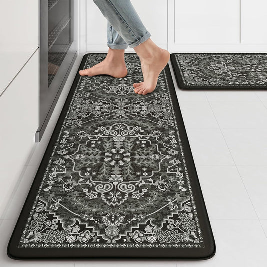 KIMODE Kitchen Mats Cushioned Anti Fatigue, Boho Vintage Kitchen Rugs Sets of 2, Non Slip Kitchen Mats for Floor, Memory Foam Kitchen Floor Mat for Sink Laundry Desk Black Multi 17"x47"+17"x29"
