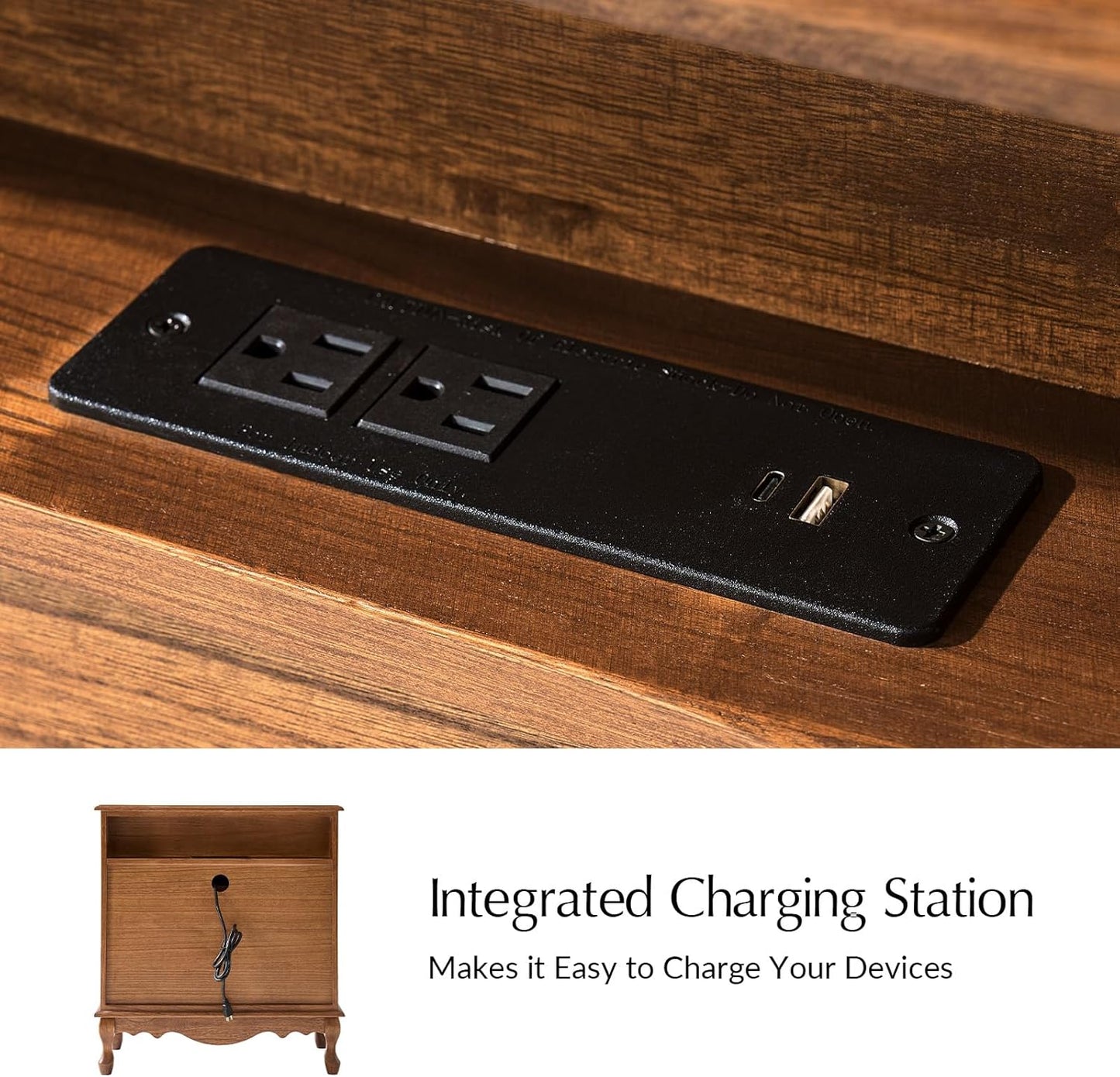 HULALA HOME Transitional Nightstand Set of 2 with 3 Drawers and Charging Station, 28" Solid Paulownia Wood Nightstand with Fluted Front Design, Cherry