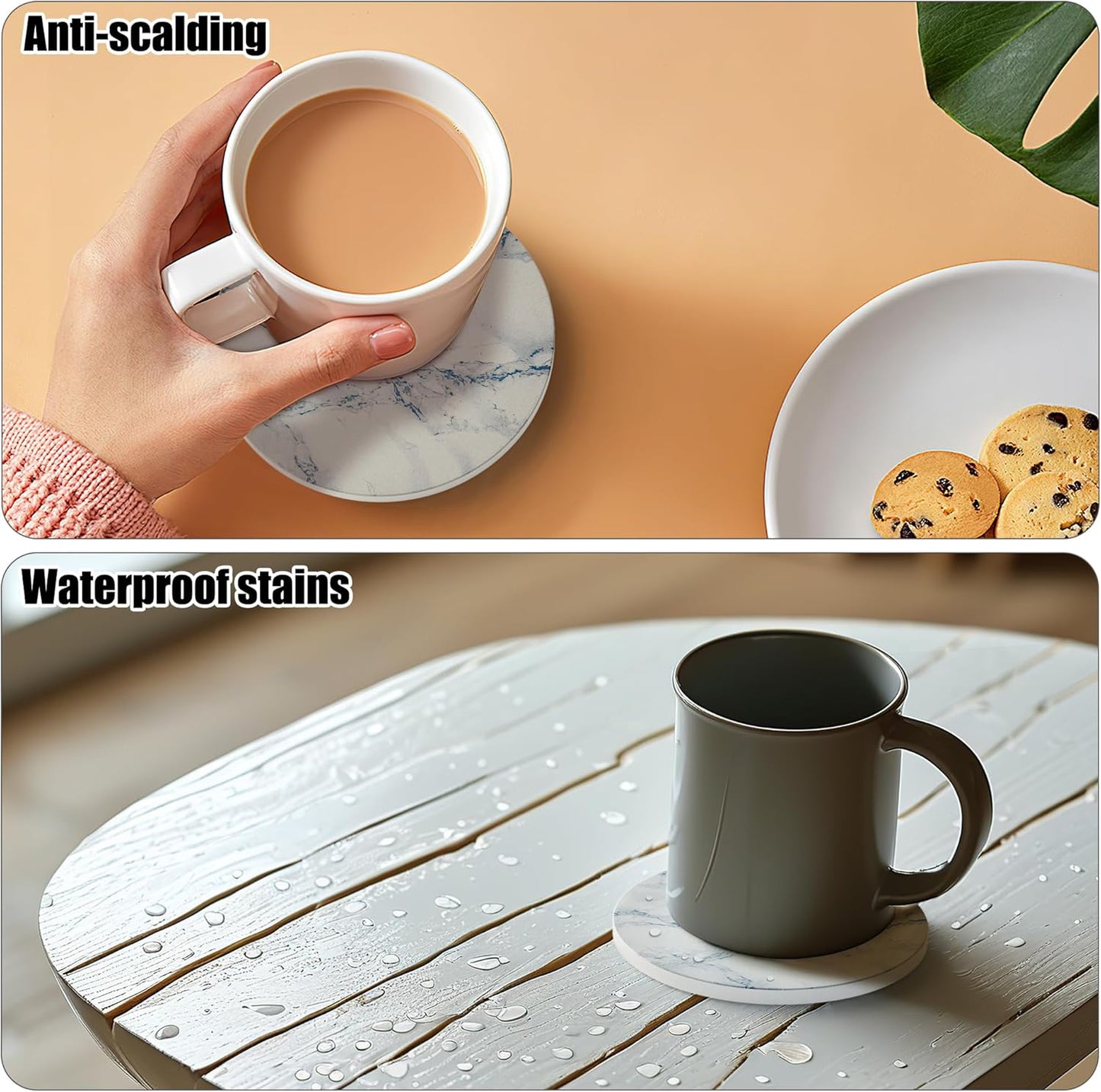 Coasters for Drinks Set of 8, Absorbent Ivory Marble Style Marble with Metal Golden Holder, Ceramic Coaster Set Cup Mat for Home Decor, Bar, Kitchen, Party