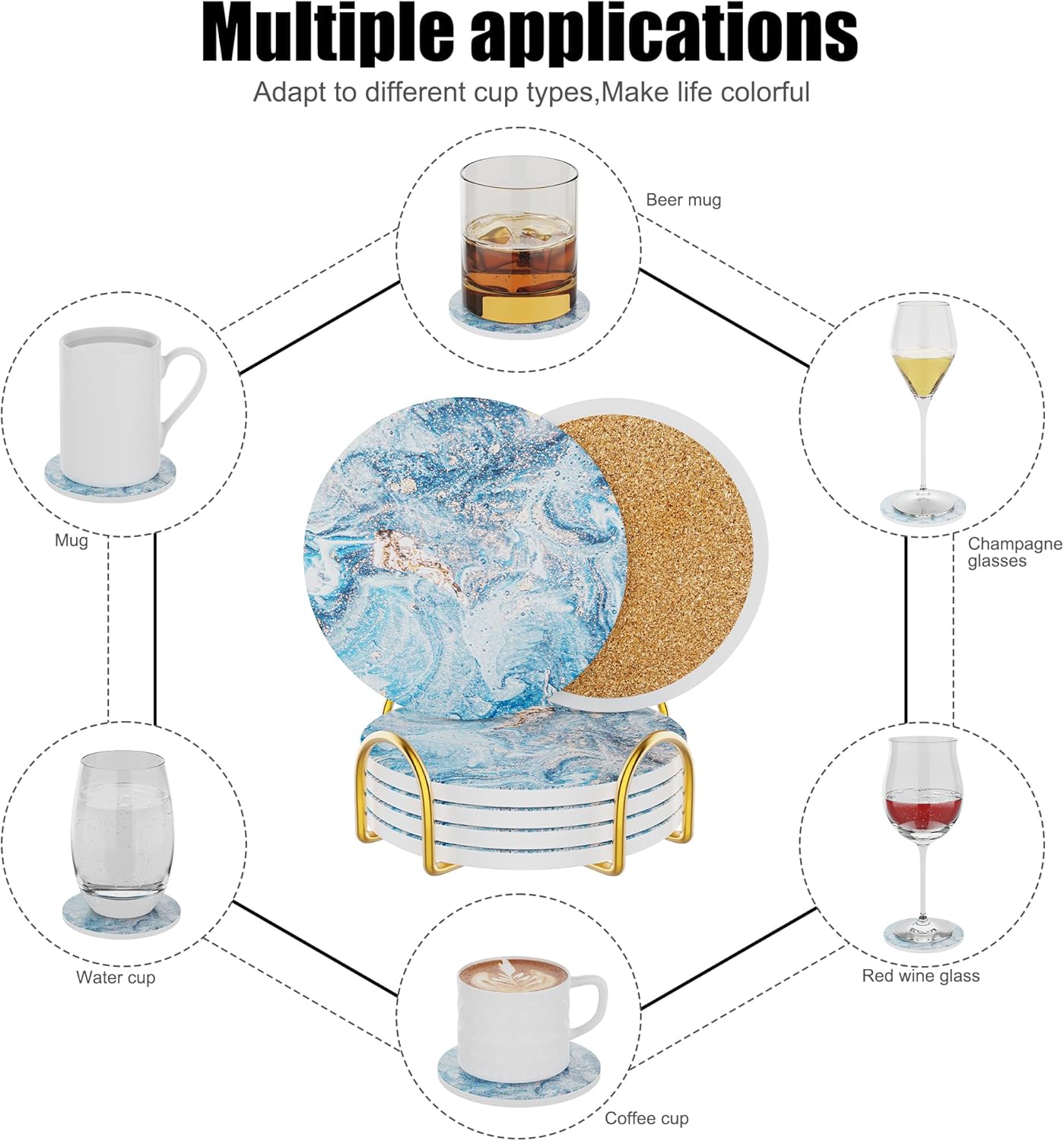 Coasters for Drinks Set of 4, Absorbent Starry Sky Marble with Metal Golden Holder, Ceramic Coaster Set Cup Mat for Home Decor, Bar, Kitchen, Party