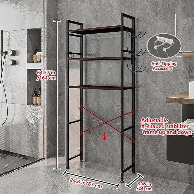 Over The Toilet Storage Rack 3 Tier Bathroom Organizer Shelf Over Toilet Freestanding Space Saver Toilet Stands with 10 Hooks Multifunctional (BlackOak)
