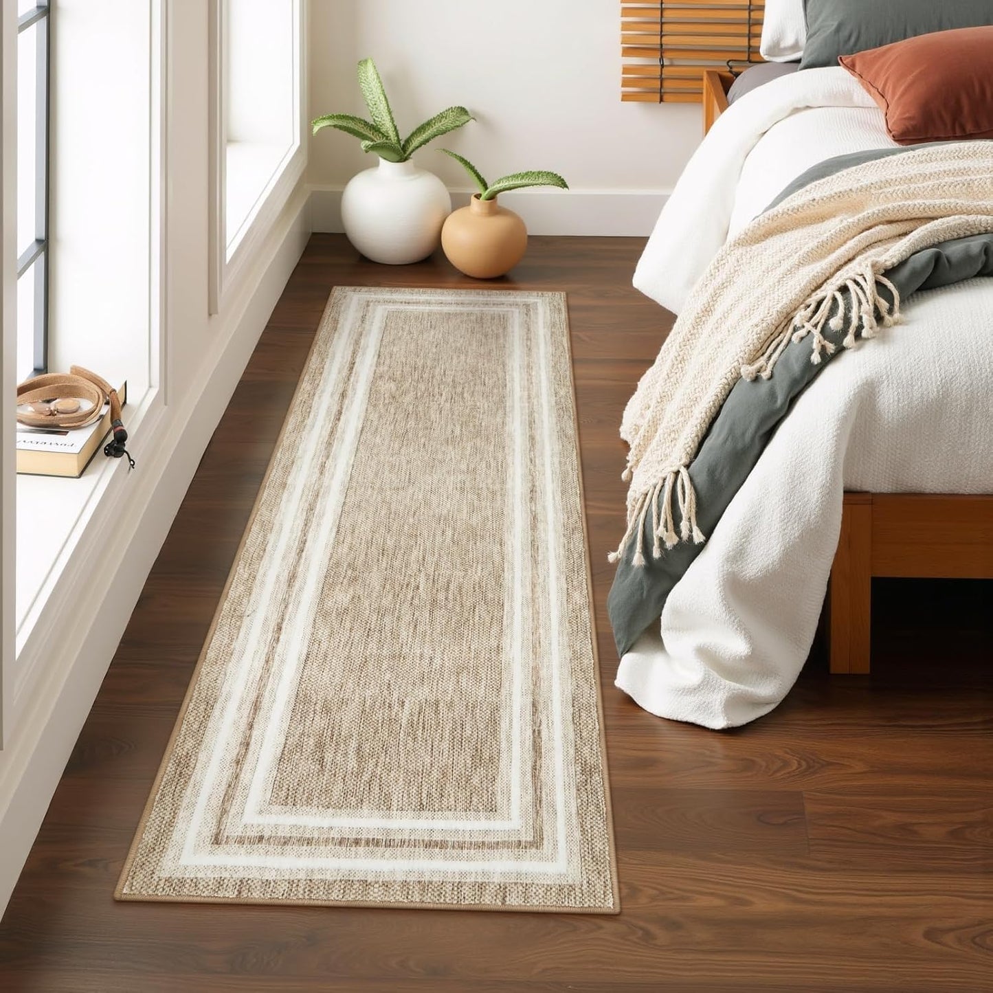 OJIA Modern Bordered Washable Runner Rug, Printed 2'x6' Non Slip Kitchen Rugs Soft Non-Shedding Carpet Runner for Bathroom Bedroom Entryway Laundry Room