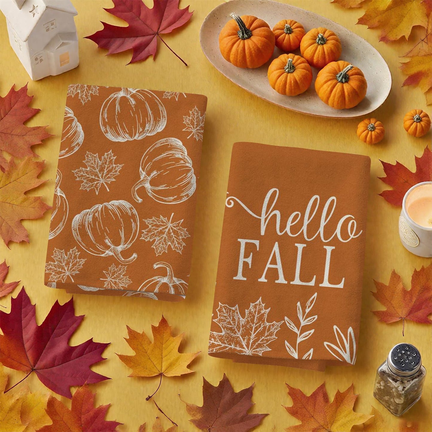 Fall Kitchen Towels Set of 2 Pumpkin Maple Leaves Hello Fall Autumn Kitchen Towels Farmhouse Home Thanksgiving Harvest Vintage Decorations, 18x26 Inch