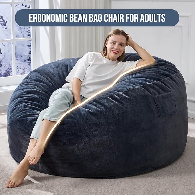 Hobestluk 5ft Bean Bag Chairs for Adults Large Beanbag Chair with Plush Faux Fur Cover Big Bean Bag Chair for Living Room Bedroom Dorm Office - Dark Grey (50” x 50” x 24”)