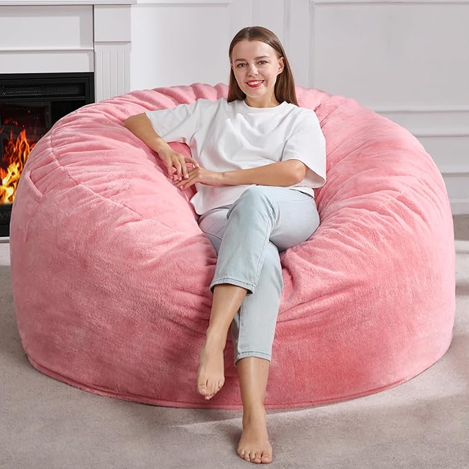 Hobestluk 5ft Bean Bag Chairs for Adults Large Beanbag Chair with Plush Faux Fur Cover Big Bean Bag Chair for Living Room Bedroom Dorm Office - Pink (50” x 50” x 24”)