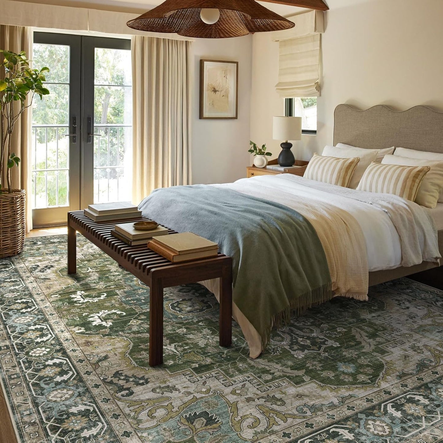 Washable Area Rug 8x10 - Large Moss Green Boho Rugs for Living Room Soft Vintage Bedroom Rug Ultra-Thin Distressed Oriental Carpet Stain Resistant Rug for Dining Room Guest Room Home Decor