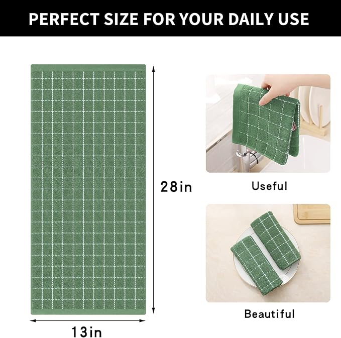 Homaxy 100% Cotton Terry Kitchen Towels(Grass Green, 13 x 28 inches), Checkered Designed, Soft and Super Absorbent Dish Towels, 4 Pack