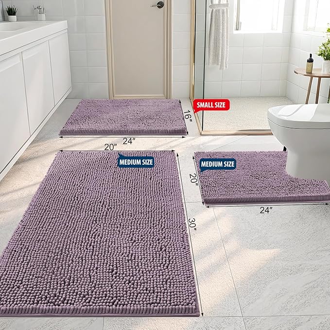 Smiry Luxury Chenille Bathroom Rugs 30x20, Extra Soft and Absorbent Shaggy Bath Mat, Machine Washable, Non-Slip Plush Carpet Runner for Tub, Shower, and Floor, Home Decor Accessories, Deep Plum