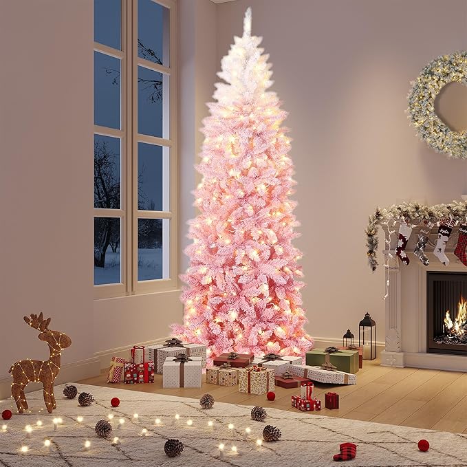 GarveeHome 6ft Snow Flocked Pencil Christmas Tree, Slim Artificial Christmas Tree with Sturdy Metal Stand, Skinny Xmas Tree Holiday Decoration for Home, Office, Pink Gradient