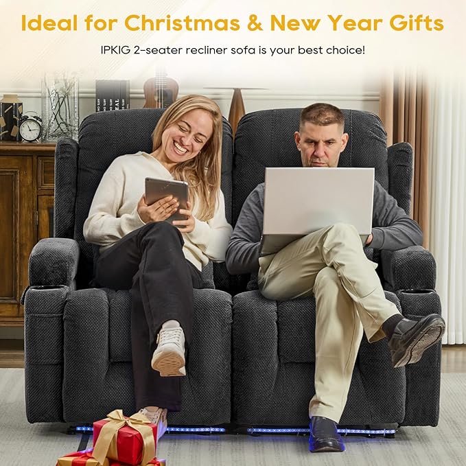 IPKIG 54" Power Reclining Loveseat Sofa, Electric Home Theater Seating with Console/4 Colors Ambient Lighting/USB Ports/Cup Holders for Living Room, Bedroom, Home, RVs (Charcoal, 2 Seater)