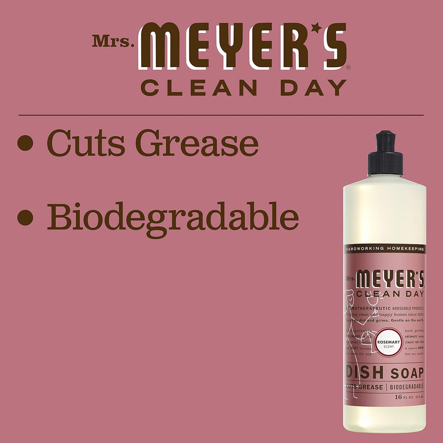 MRS. MEYER'S CLEAN DAY Liquid Dish Soap, Biodegradable Formula, Rosemary, 16 fl. oz