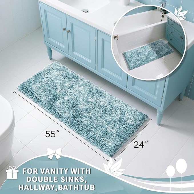 Yimobra Long Bathroom Rugs Runner 55x24 Inch, Extra Thick Soft Absorbent Chenille Bath Mat, Non Slip Machine Washable, Quick Dry Bath Rugs for Bathroom Floor, Tub and Shower, Greyish Blue