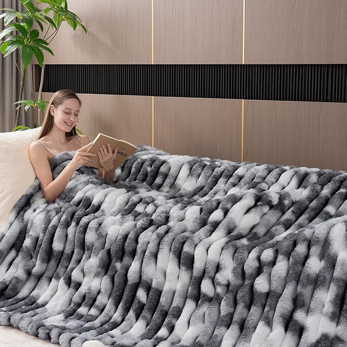 Throw Blanket for Couch - 60" x 80" Faux Rabbit Fur Throw Blanket Cozy Soft Warm Blankets for Bed Sofa Bedroom Living Room Fluffy Striped Blankets for Fall Winter, Home Decor, Grey