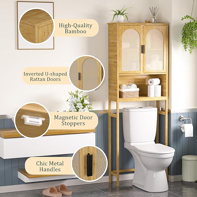 MUPATER 66.9'' Bamboo Over The Toilet Storage Cabinet, Bathroom Space Saver, U-Shaped Door with Rattan Surface, Over Toilet Bathroom Organizer with Open Storage Shelf, Natural